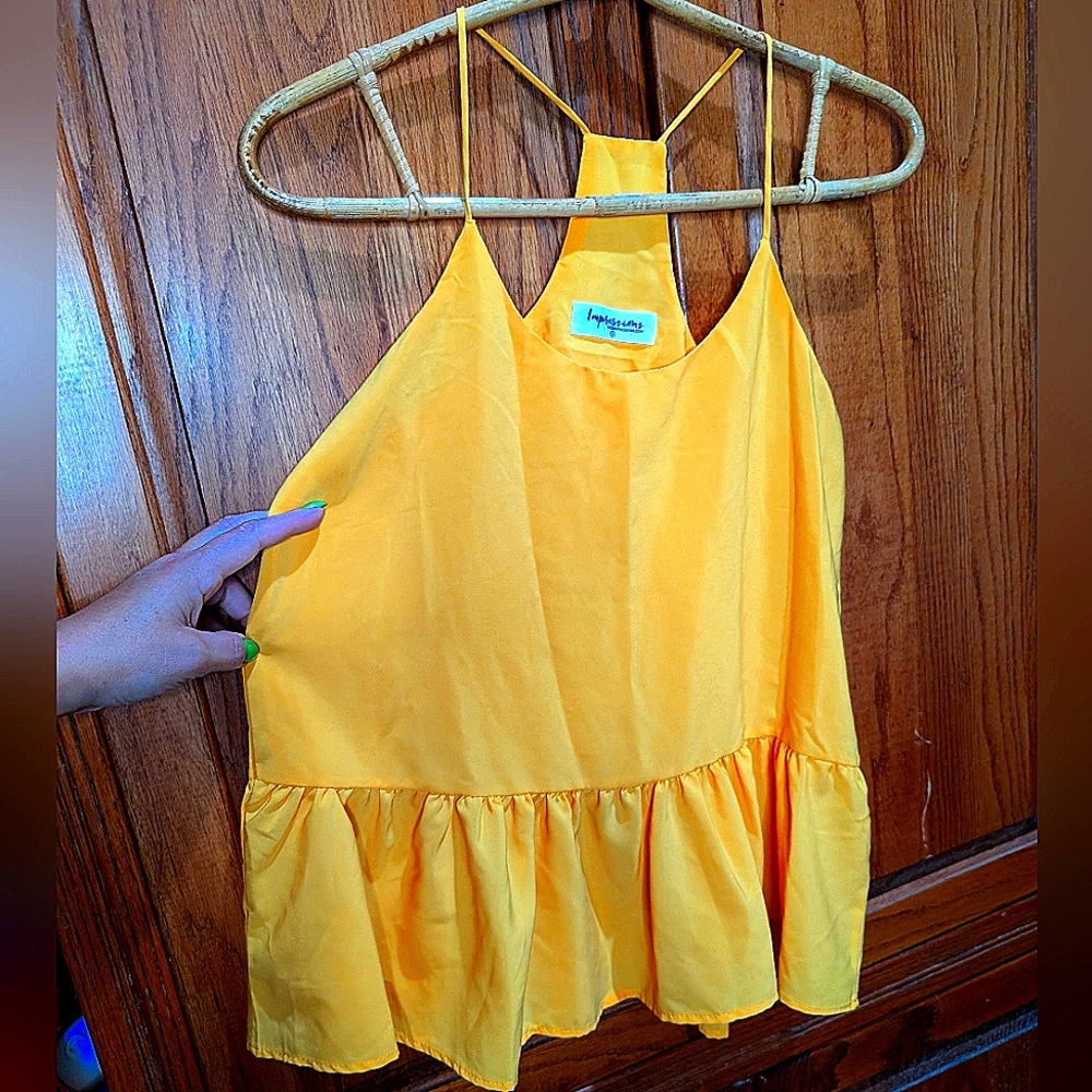 Impressions S peplum sunflower yellow flowy spaghetti strap racerback tank top